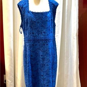 Ann Taylor blue square neck lace midi pencil dress